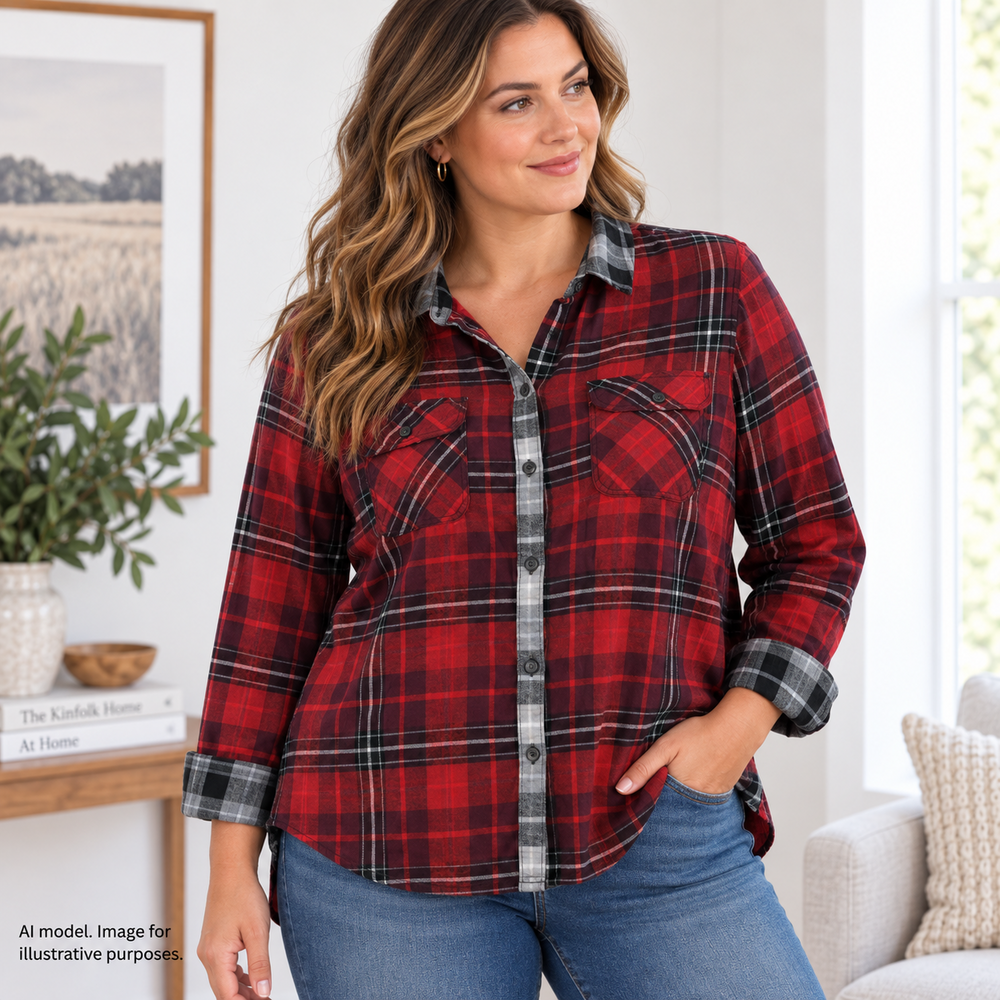 Eddie Bauer Shirt Womens XL Red Black Mixed Plaid Flannel Button Up Long Sleeve